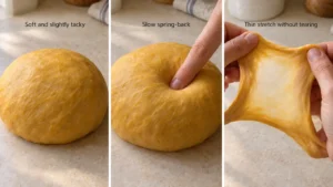 Pumpkin dough showing a tacky surface, slow spring-back, and a successful windowpane test.