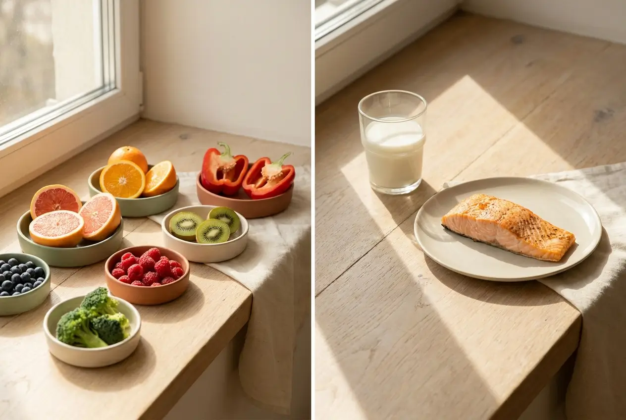 Citrus, peppers and broccoli for vitamin C beside milk and salmon in sunlight for vitamin D
