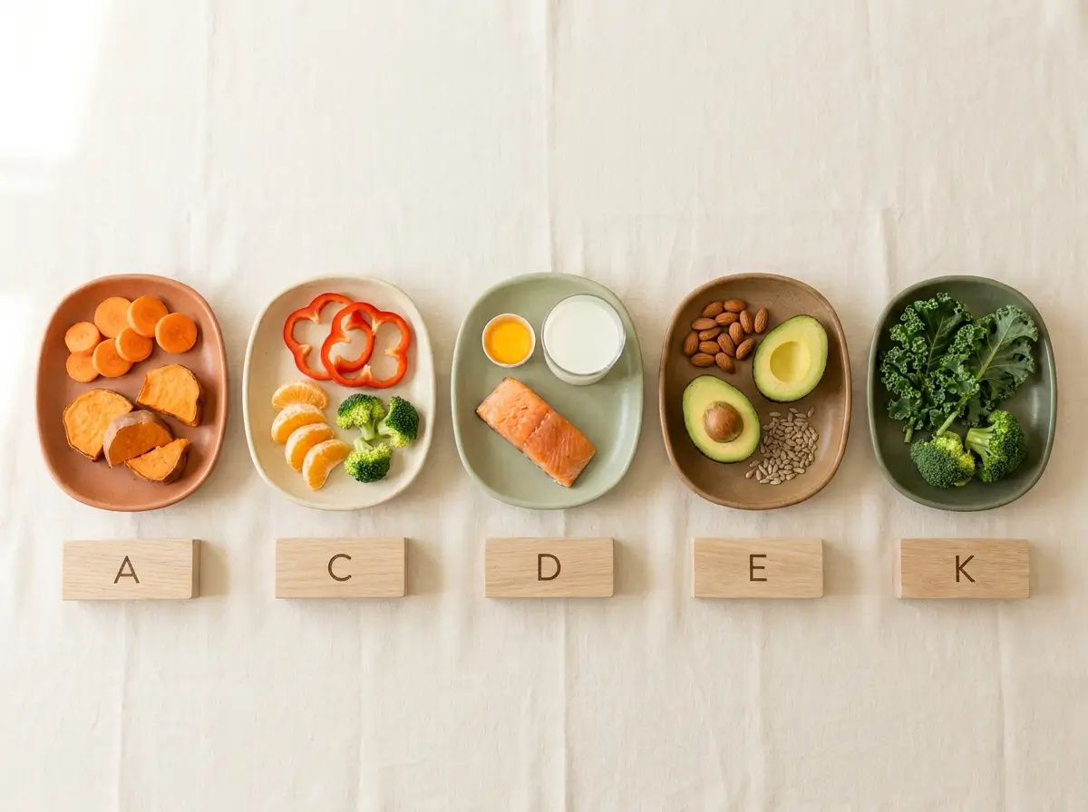 Five ceramic dishes showing food sources of vitamins A, C, D, E and K, labelled with the letters A, C, D, E, K