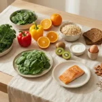 aried daily diet with vegetables, fruit, whole grains, legumes, dairy, eggs, fish, nuts and seeds on a wooden table