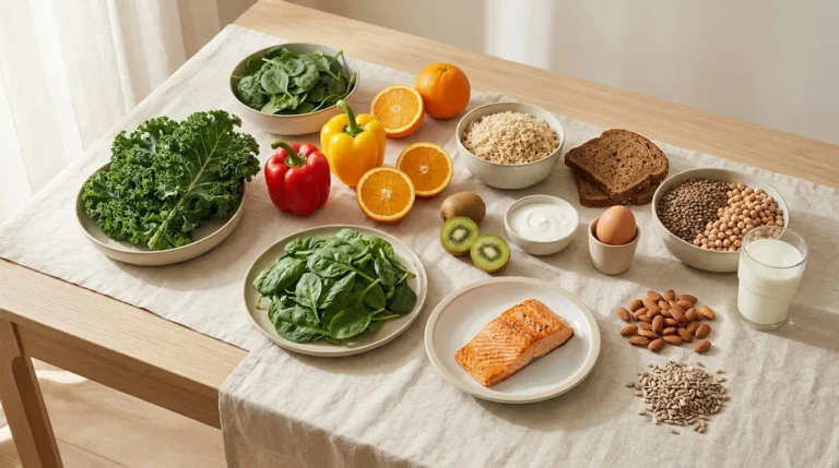 aried daily diet with vegetables, fruit, whole grains, legumes, dairy, eggs, fish, nuts and seeds on a wooden table