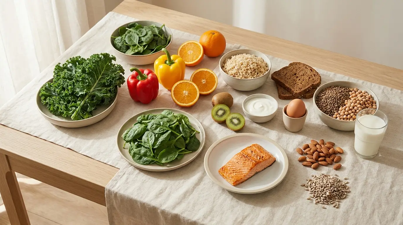 aried daily diet with vegetables, fruit, whole grains, legumes, dairy, eggs, fish, nuts and seeds on a wooden table