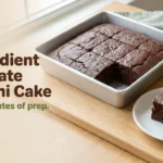 Chocolate zucchini cake squares in an 8x8 pan with one moist square on a white plate beside fresh zucchini
