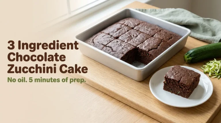 Chocolate zucchini cake squares in an 8x8 pan with one moist square on a white plate beside fresh zucchini