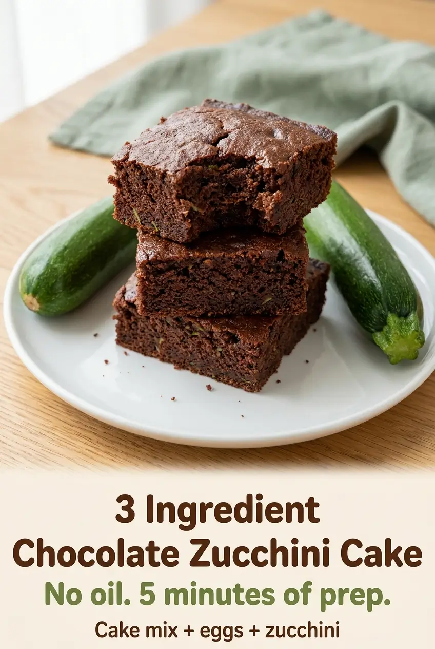 Stack of 3 ingredient chocolate zucchini cake squares with a bite taken out next to a fresh zucchini