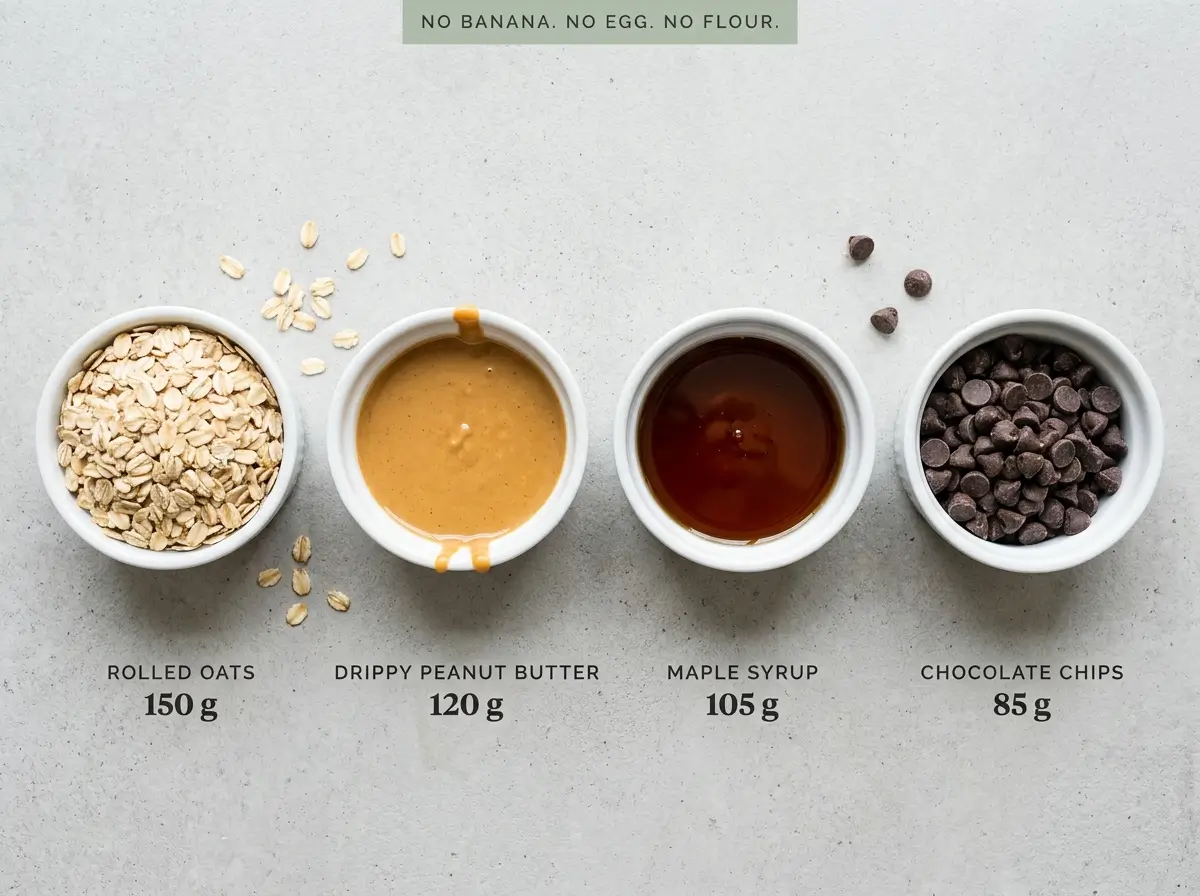 Four ingredients for no banana oatmeal cookies in white ramekins: rolled oats, peanut butter, maple syrup, chocolate chips
