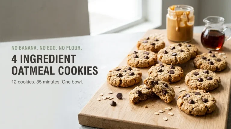 Twelve 4 ingredient oatmeal cookies with no banana on an oak board, one broken open showing a chewy oat center
