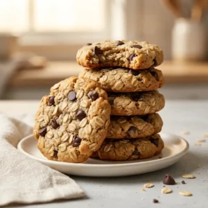 Stack of four no banana oatmeal cookies on a white plate, top cookie bitten to show the chewy oat texture
