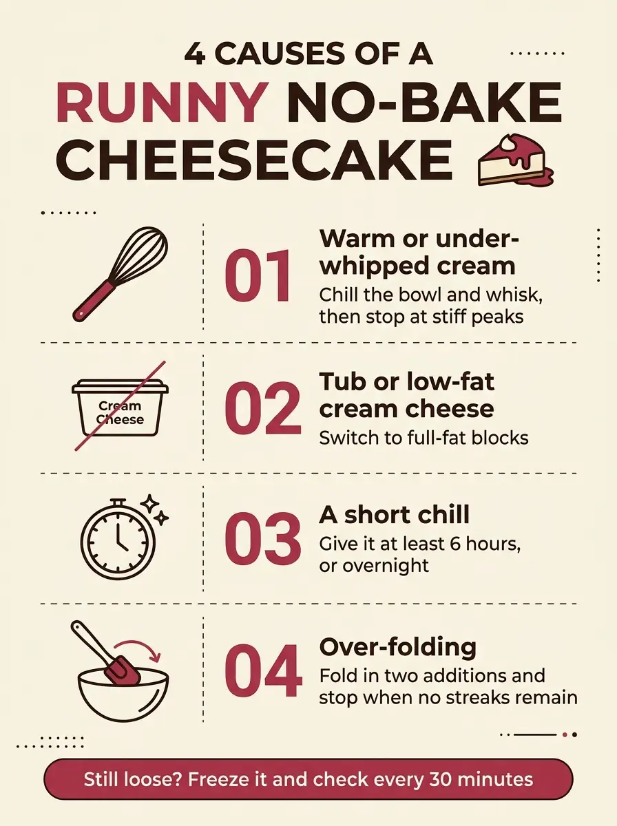 Infographic listing four causes of a runny no-bake cheesecake and the fix for each