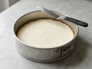 Smooth no-bake cheesecake filling spread over a graham cracker crust in a springform pan