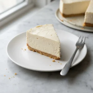 Single slice of 5 ingredient no-bake cheesecake on a white plate showing the crust and creamy filling