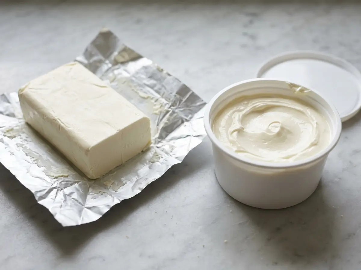 Foil-wrapped block of cream cheese next to an open tub of spreadable cream cheese