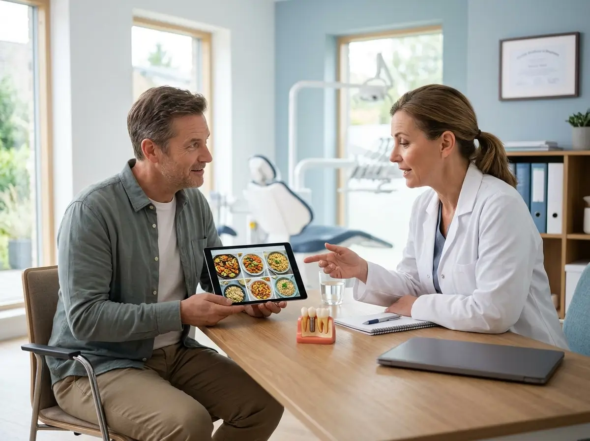 Patient showing meal photos on a tablet to a dental professional in a consultation room, with an implant model on the desk.