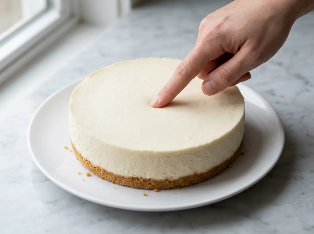 Fingertip pressing the center of a chilled no-bake cheesecake to check that the filling is firm