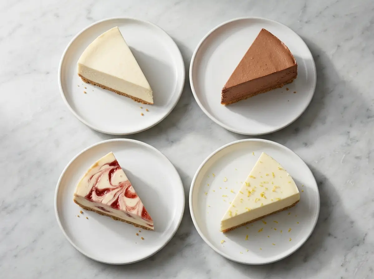 Four slices of no-bake cheesecake in plain, chocolate, strawberry swirl and lemon flavors
