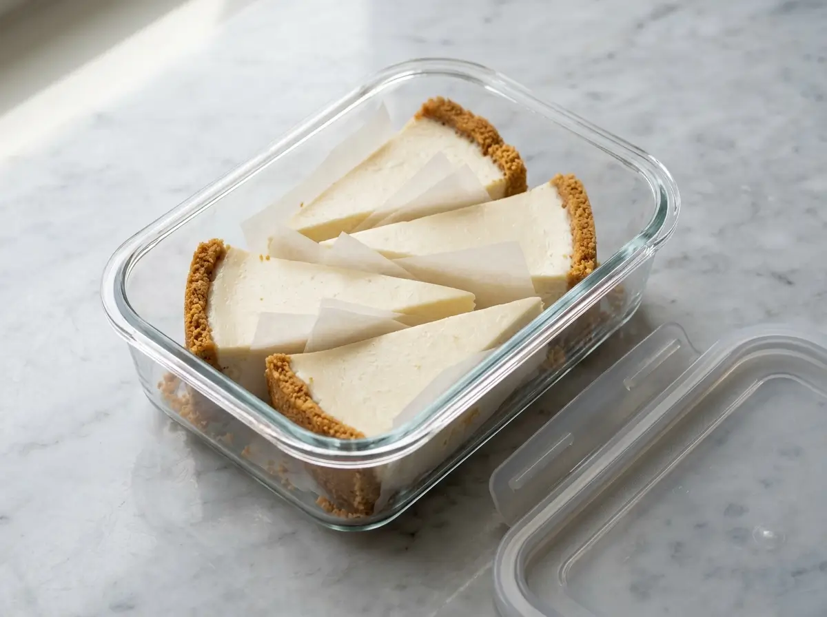 Four no-bake cheesecake slices separated by parchment in a clear airtight container