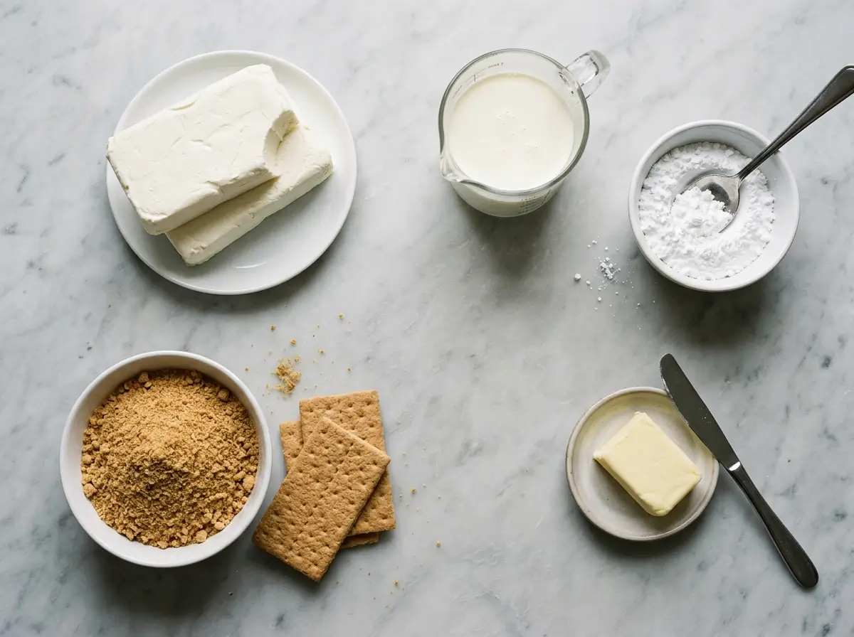 Cream cheese, heavy cream, powdered sugar, graham crackers and butter laid out on marble for no-bake cheesecake
