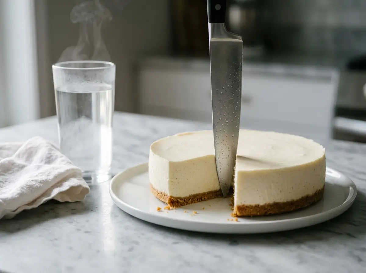 Sharp knife and glass of hot water beside a no-bake cheesecake with a clean cut slice