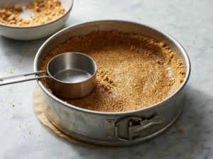 Graham cracker crust pressed into a 9-inch springform pan with a measuring cup beside it