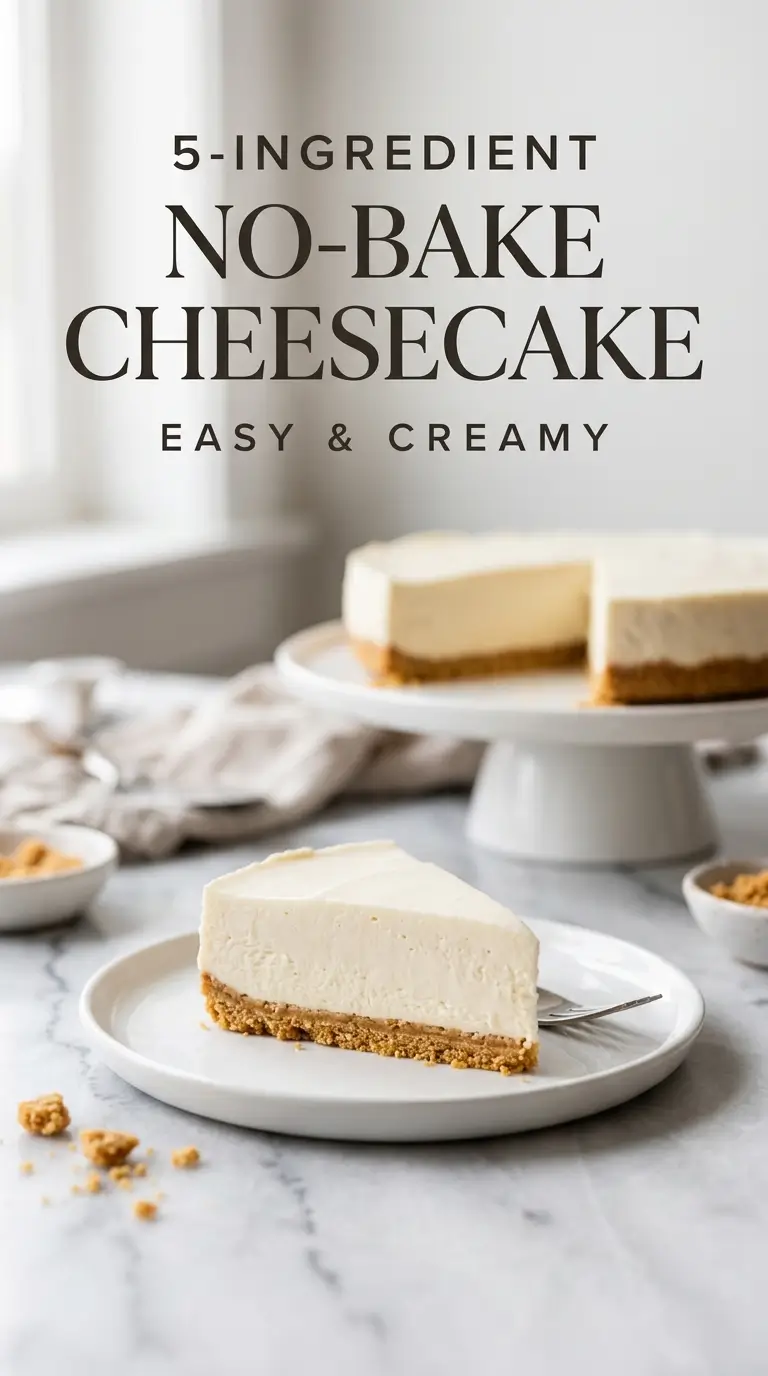 Whole no-bake cheesecake with one clean slice plated beside it, made with 5 ingredients Pinterest image