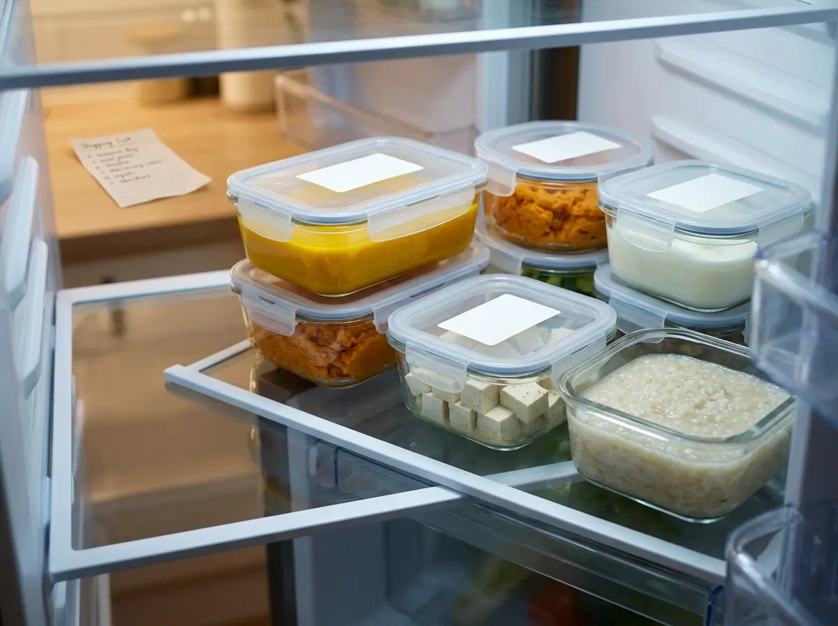 Refrigerator shelf with labeled glass containers holding blended soup, mashed sweet potato, soft tofu, yogurt, and porridge.