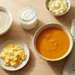 Overhead view of a kitchen counter with bowls of porridge, plain yogurt, blended orange soup, scrambled eggs, and mashed potatoes.