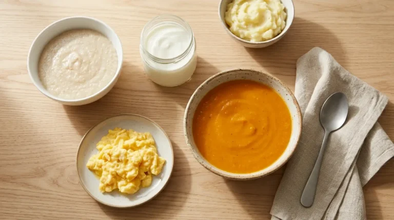 Overhead view of a kitchen counter with bowls of porridge, plain yogurt, blended orange soup, scrambled eggs, and mashed potatoes.