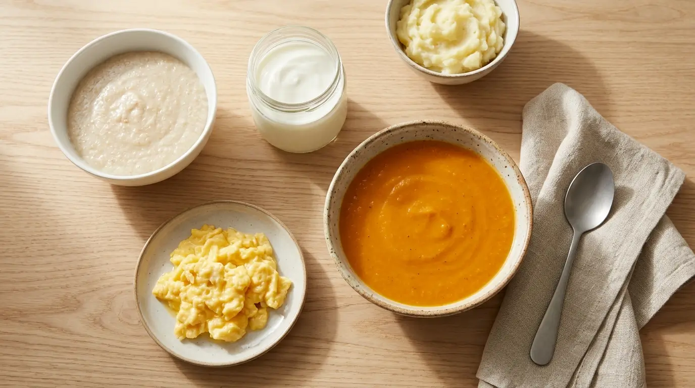 Overhead view of a kitchen counter with bowls of porridge, plain yogurt, blended orange soup, scrambled eggs, and mashed potatoes.