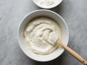 Rubber spatula folding whipped cream into smooth cream cheese filling in a white bowl