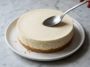Smooth no-bake cheesecake filling spread over a graham cracker crust in a springform pan