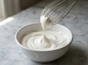 Whisk lifted from a bowl of heavy cream whipped to stiff peaks that stand straight up