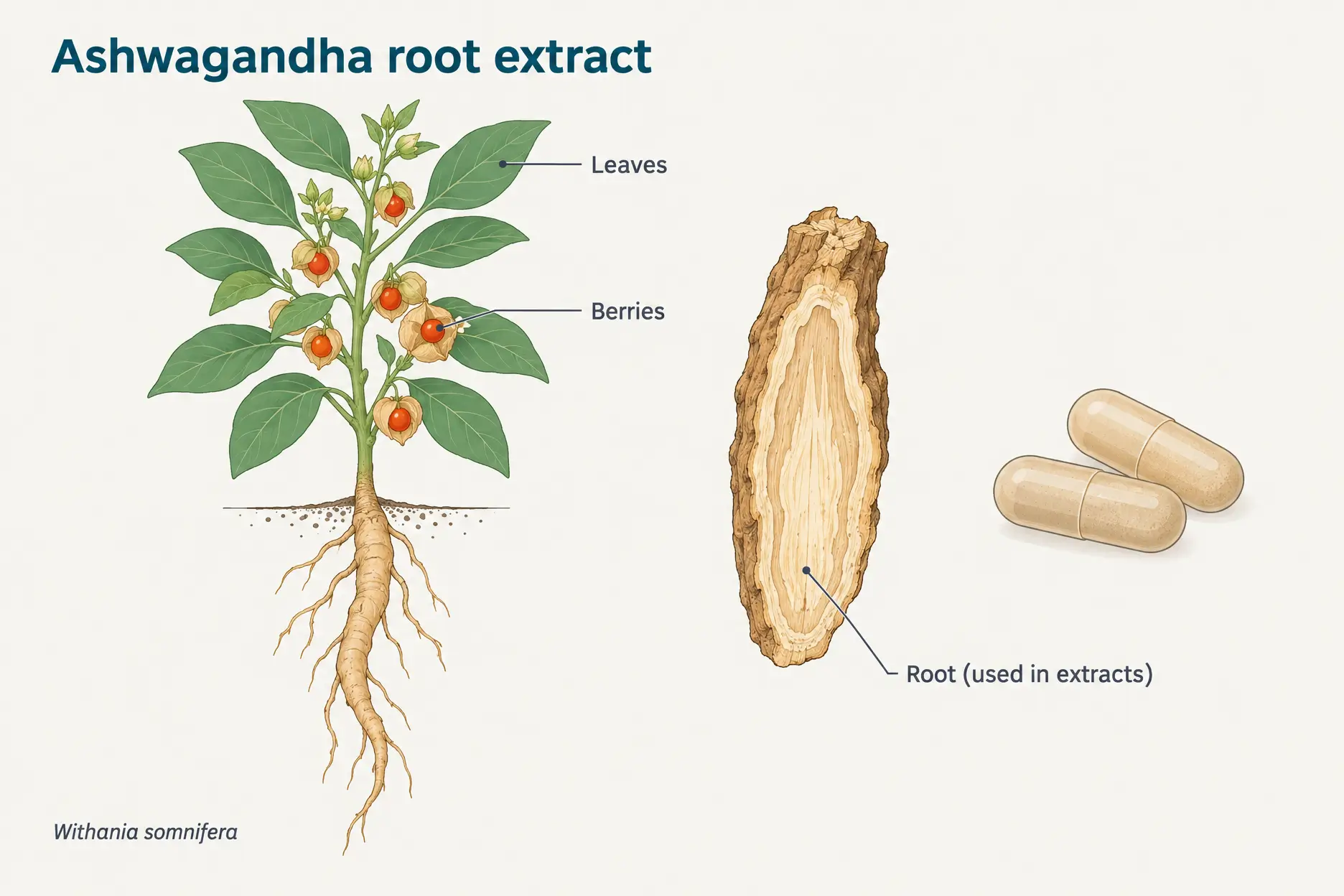 Botanical illustration of the ashwagandha plant, Withania somnifera, showing the root used in supplements, the leaves and the berries