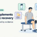 Person in a knee brace doing rehab, with protein, creatine, collagen with vitamin C, and omega-3 icons