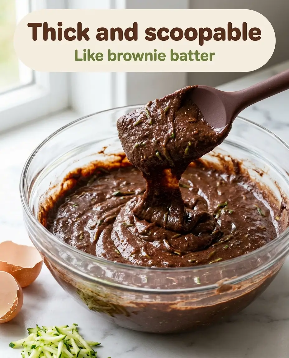 Thick chocolate zucchini cake batter dropping from a silicone spatula into a glass bowl 