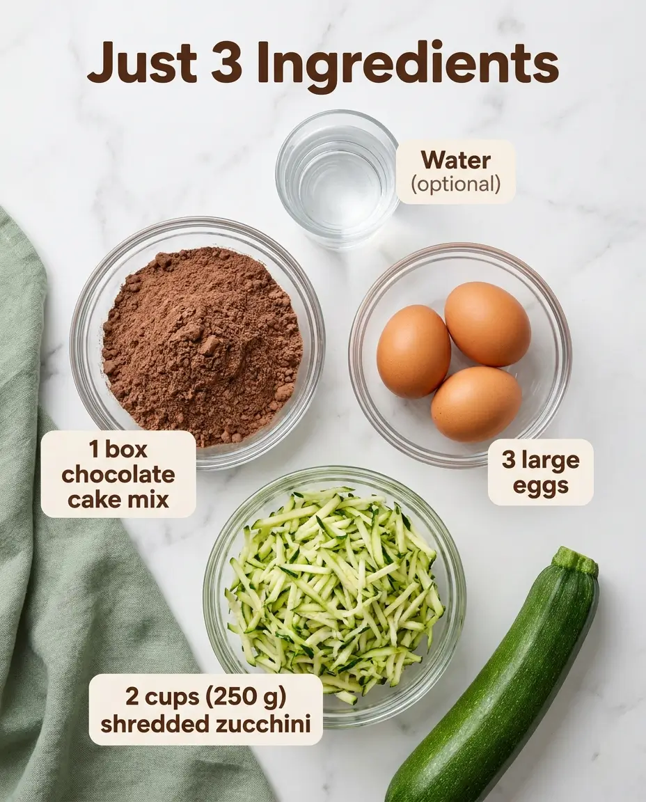 Chocolate cake mix, 3 eggs, and shredded zucchini in glass bowls on a marble counter