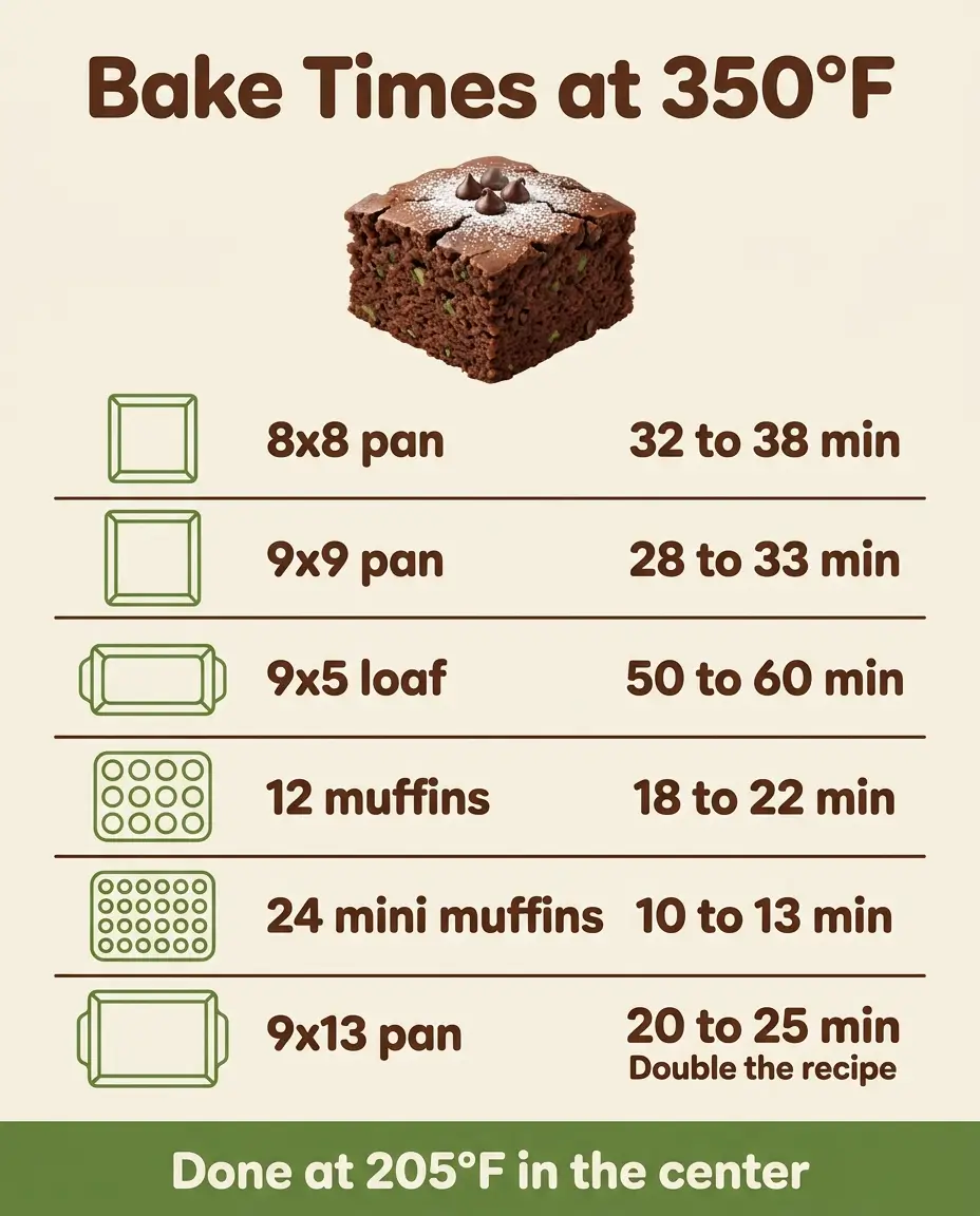 Chart of chocolate zucchini cake bake times at 350°F for six pan sizes from 8x8 to mini muffins