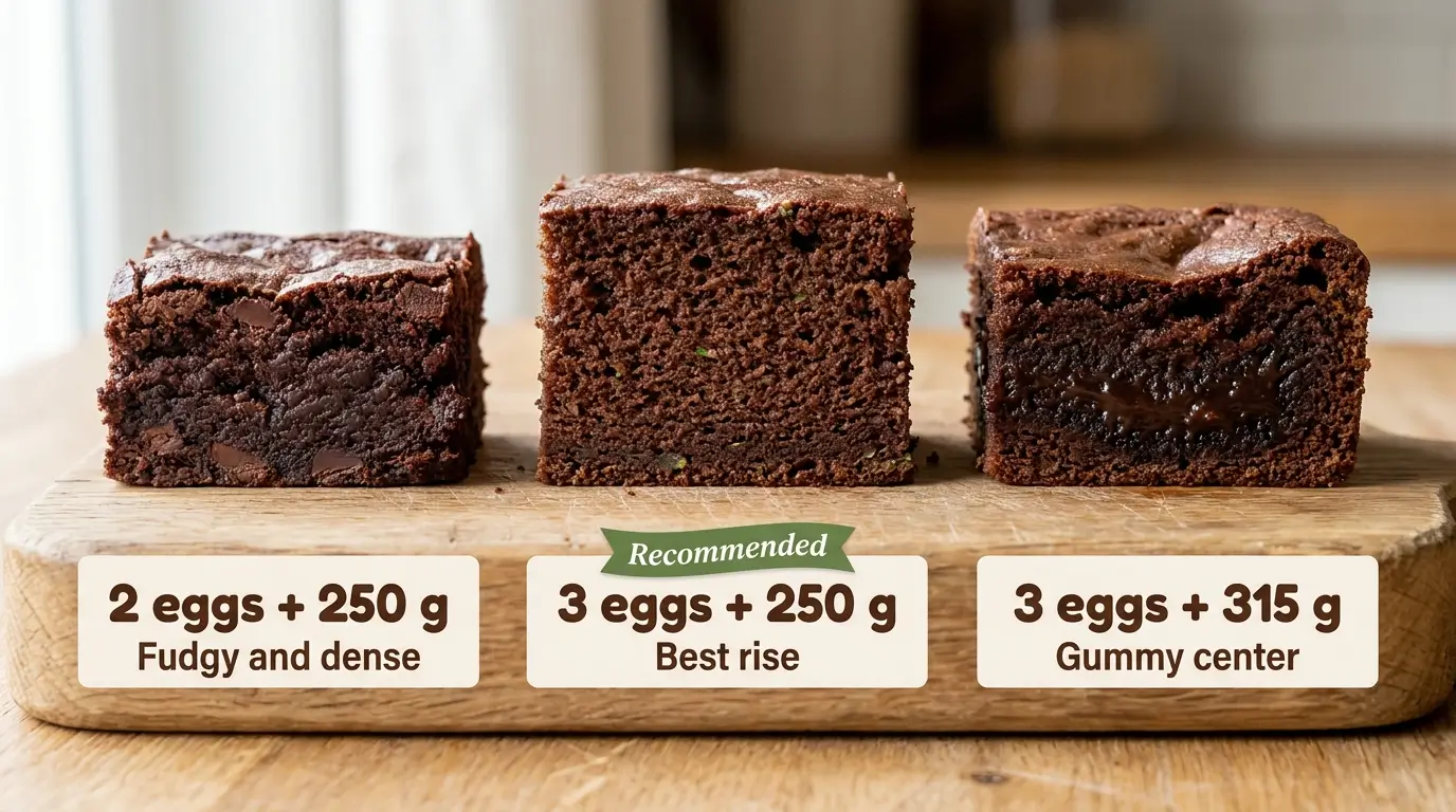Three chocolate zucchini cake squares compared, fudgy, ideal, and gummy center, from different egg and zucchini ratios