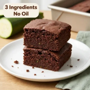 Two stacked squares of 3 ingredient chocolate zucchini cake on a white plate showing a moist crumb