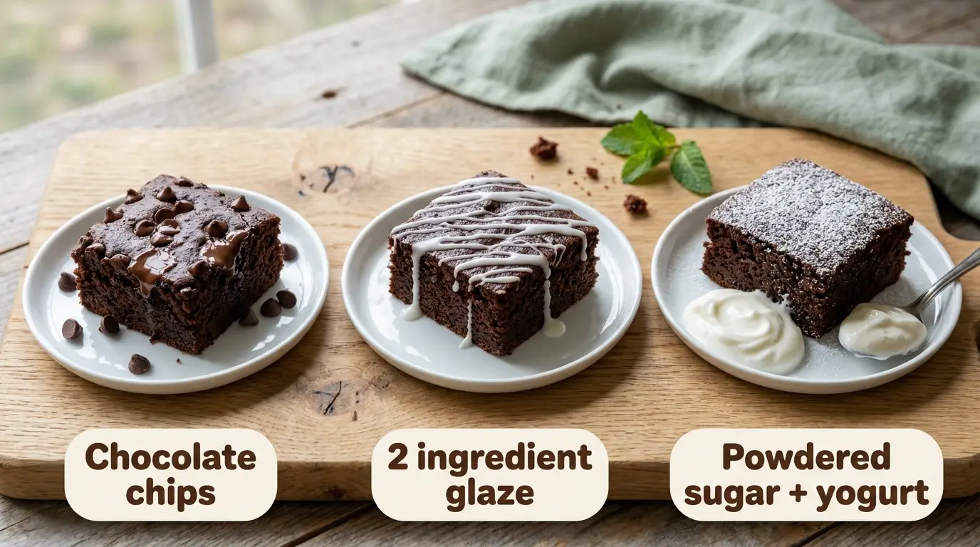 Three chocolate zucchini cake squares topped with chocolate chips, white glaze, and powdered sugar with yogurt
