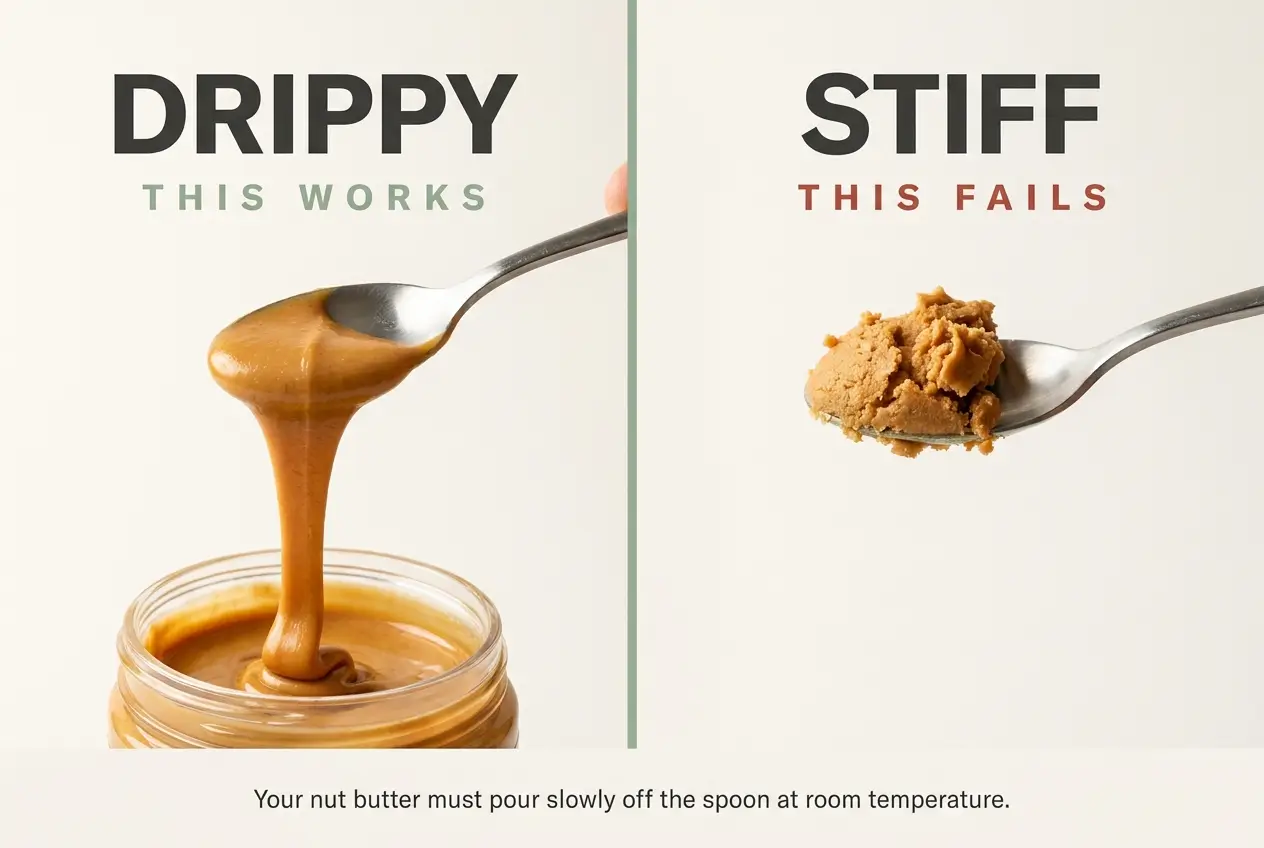 Drippy pourable peanut butter ribbon next to a stiff clump of separated peanut butter on spoons