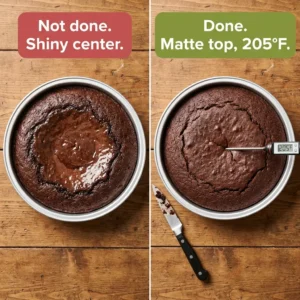 Shiny underbaked chocolate cake center next to a matte baked top with a knife and thermometer reading 205°F