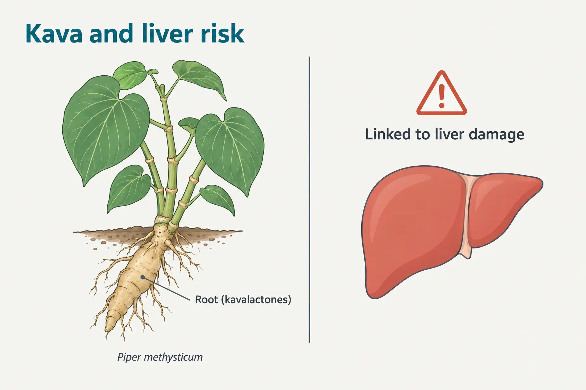  Botanical illustration of the kava plant and its root next to a liver outline with a warning symbol, showing kava's link to liver damage
