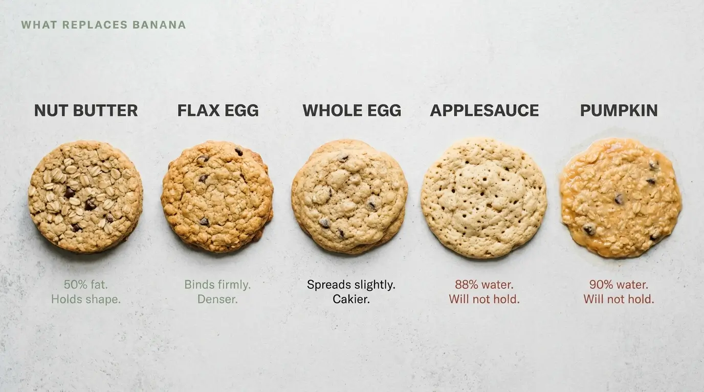 Five oatmeal cookies baked with different binders showing how nut butter holds shape while applesauce spreads flat