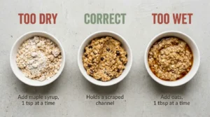 Three bowls comparing too dry, correct, and too wet oatmeal cookie dough consistency side by side