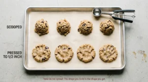 Sheet pan with a row of tall unpressed cookie dough scoops above a row pressed flat to half an inch