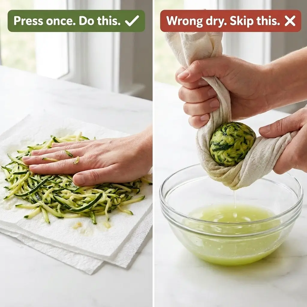 Side by side of lightly pressed shredded zucchini on paper towels and zucchini wrung dry in a towel 