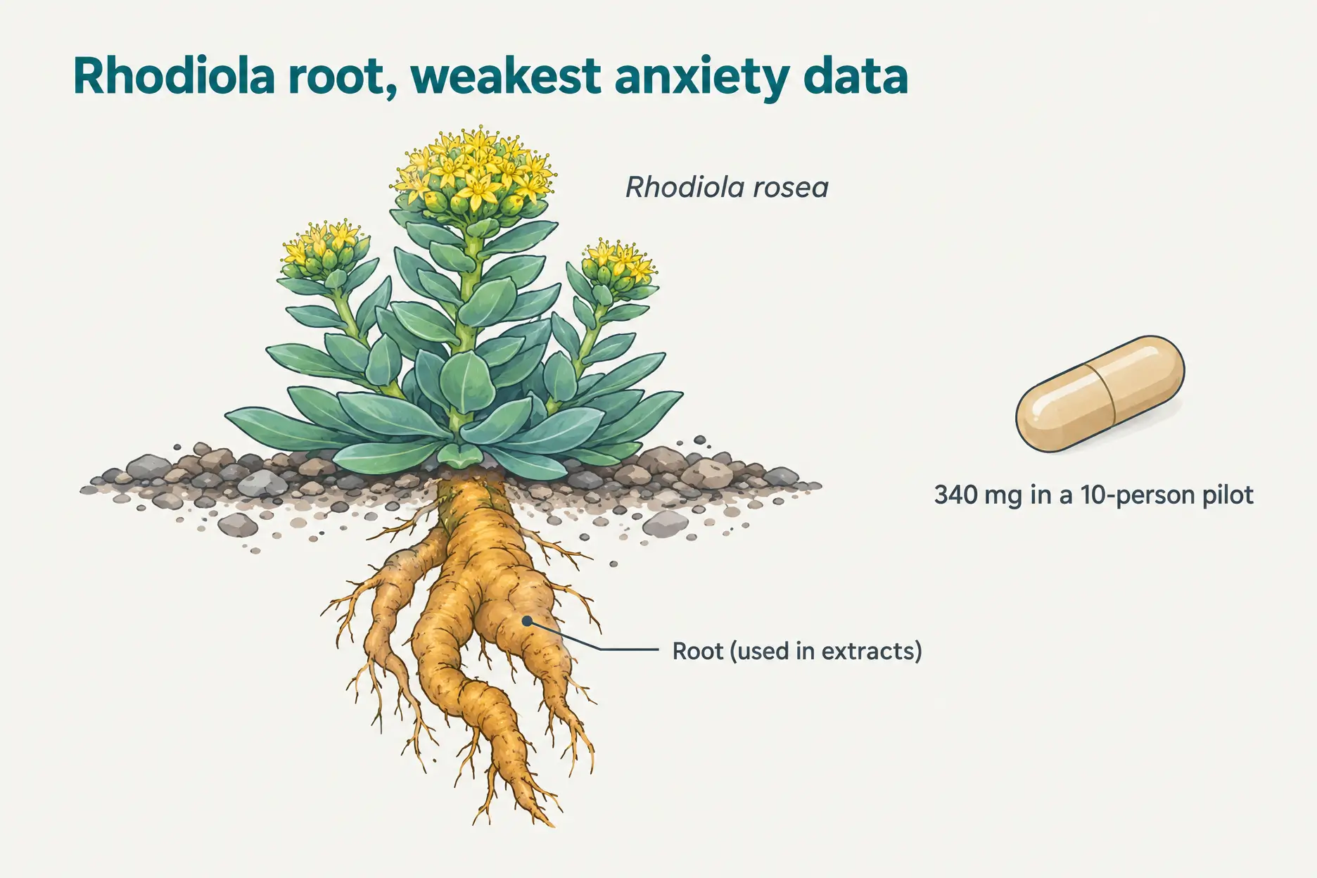 Botanical illustration of Rhodiola rosea and its root, with a 340 mg capsule from a 10-person anxiety pilot study