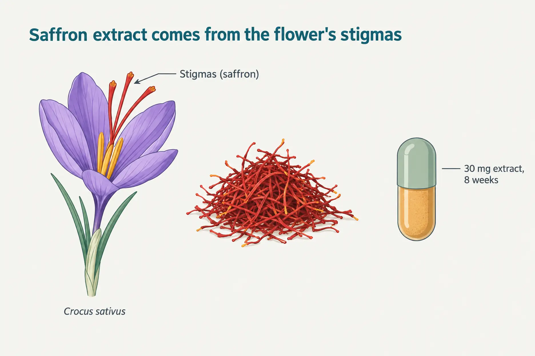 Botanical illustration of a saffron crocus flower with its red stigmas, dried saffron threads and a 30 mg extract capsule.