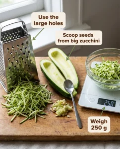 Zucchini shredded on the large holes of a box grater and weighed to 250 g on a kitchen scale